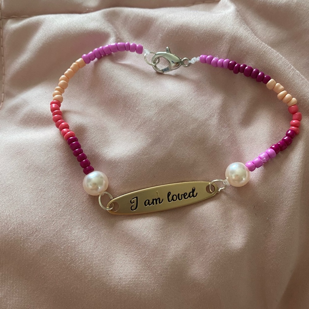 I am Loved Hand Beaded Bracelet Pink and Gold Tone
